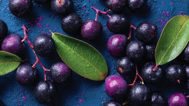 Fresh java plum fruits, also known as jambul, with green leaves and water drops. Use this image for healthy food, recipes, or seasonal ingredient visuals.