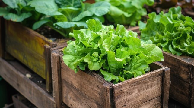 Fresh green lettuce growing in wooden crates. The scene showcases vibrant, healthy plants in a rustic setting, emphasizing organic gardening and sustainability.