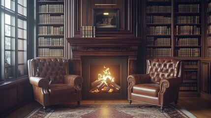 A library with leather-bound books, a roaring fireplace, and an antique reading chair. .