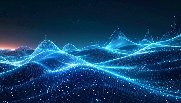 Digital waveforms in glowing blue forming 3D undulating patterns on dark background, symbolizing data streams. - Powered by Adobe