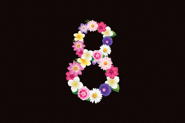 Obraz premium Floral number eight. 3d flower 8 figure for international womens day march realistic spring flowers with leaves woman holiday female decoration isolated foliage vector illustration