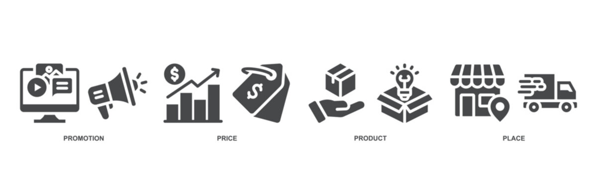 Marketing mix 4P banner web icon vector illustration concept with icon of product, price, place, and promotion.