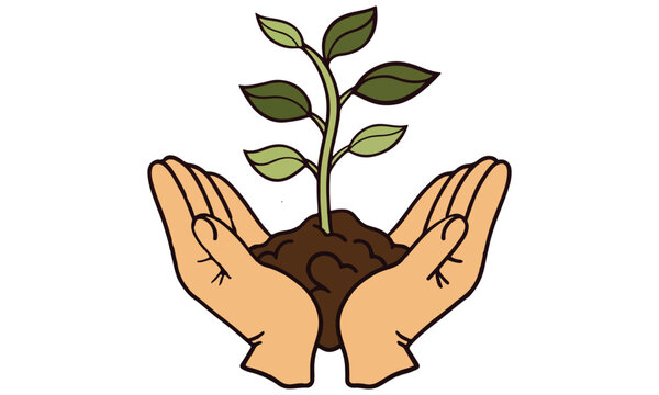Hands Holding Plant Illustration &ndash; Growth, Sustainability, Nature Care, Green Environment .