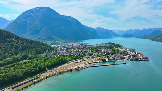 Andalsnes skyline and fjord Isfjorden Romsdalsfjorden Aerial view Norway