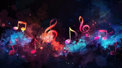Colorful musical notes floating in a cosmic background. The scene features vibrant hues of blue, pink, and purple, creating a dynamic and energetic atmosphere.