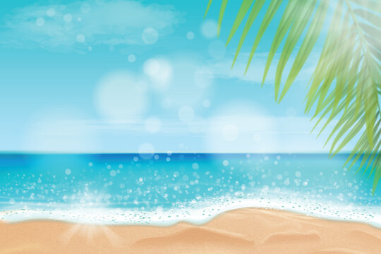 Realistic ocean beach. Sea wave sand shore palm tree leaves landscape, maldives tropical island blue sky sun glare bokeh sunshine travel summer holiday tour 3d vector illustration