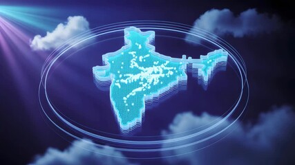 Futuristic digital map of India glows neon blue showing data points and concentric rings suspended over a dark cloudy sky with bright light rays symbo - Powered by Adobe