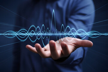 A human hand gently holds a vibrant glowing blue digital waveform in an abstract dark technological setting showcasing data and innovation