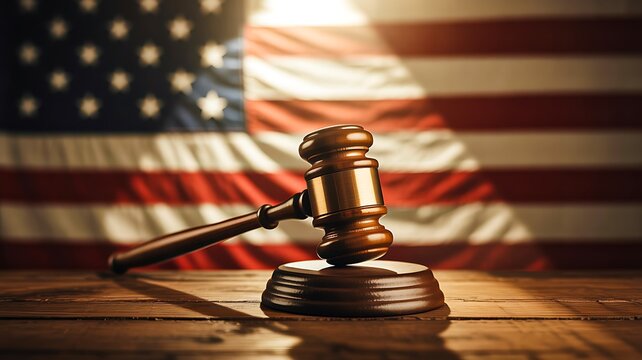 Judge gavel and sound block with american flag background
