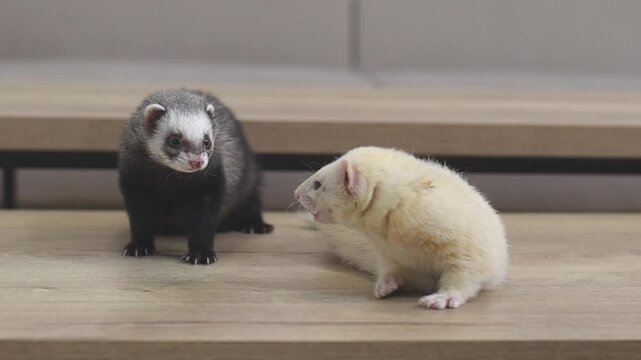Domesticated couple of ferrets mustela putorius running through modern apartment