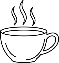 Simple black and white line art drawing of a steaming hot beverage contained within a traditional coffee cup ready for morning consumption