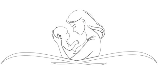 Obraz premium Vector illustration of a mother and her baby child in line art style