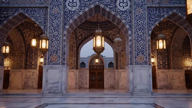 Majestic Islamic architecture interior illuminated by many ornate brass Arabic lanterns hanging from a breathtaking archway decorated with intricate blue mosaic calligraphy tiles