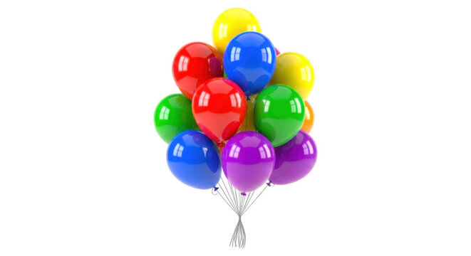 A bunch of colorful balloons tied together floating in air isolated on transparent background