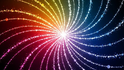 Rainbow colored sparkling light trails emanating from a central point colorful