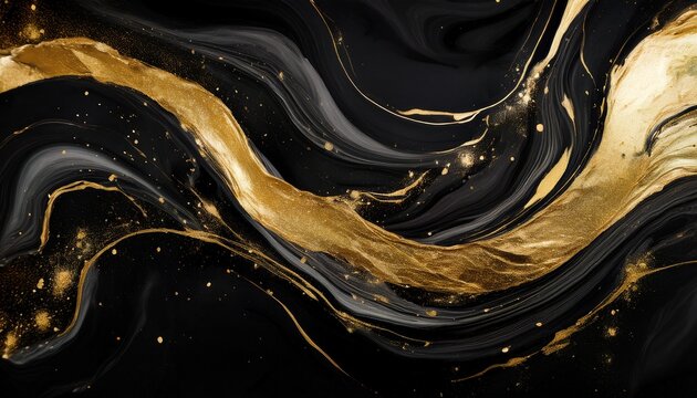 dynamic dark ink swirls infused with shimmering gold glitter create an elegant and luxurious abstract background perfect for sophisticated designs