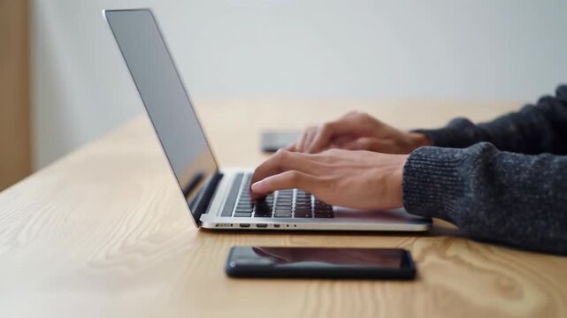 A focused, gender-neutral, ethnically ambiguous person in smart casual attire typing on a silver laptop with a smartphone & tablet on an uncluttered desk. High productivity concept