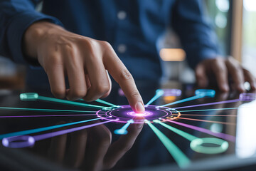 A persons finger activates a vibrant glowing digital interface on a dark screen with colorful connecting lines in a modern high tech setting