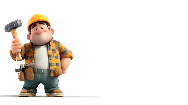 Hardworking chubby 3d cartoon construction worker holding a hammer and wearing a safety helmet ready to build and repair structures on a job site.