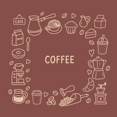Coffee-themed vector illustration featuring various coffee-related icons such as cups, beans, and a coffee maker,  on a brown background 