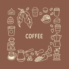 Coffee-themed vector illustration featuring various cafe elements like coffee cups, croissants, and milk cartons. Perfect for adding a cozy coffee shop vibe to creative projects.