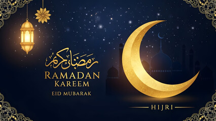 Ramadan kareem greeting with crescent moon and lantern