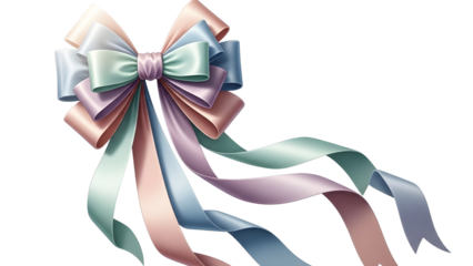 Beautiful colorful satin ribbon bow with long trailing streamers isolated design element isolated PNG with Transparent Background