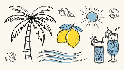 Summer lemon and palm tree doodle set with beach cocktails vector © Husmath