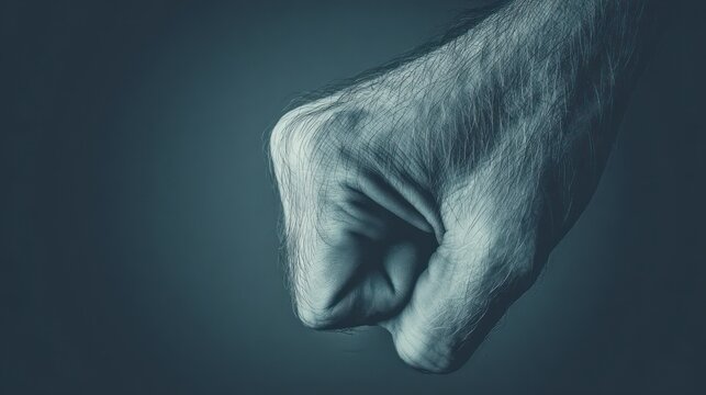 A clenched fist, rendered in grayscale, is isolated against a dark, moody blue background
