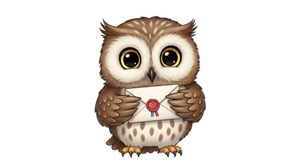 Adorable baby owl illustration holding a vintage wax sealed letter or message isolated PNG with Transparent Background