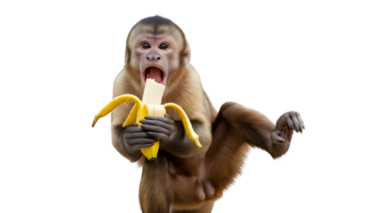 Hungry capuchin monkey aggressively eating a banana isolated for animal concepts isolated PNG with Transparent Background