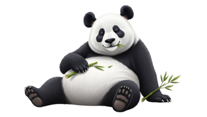 Cute cartoon giant panda eating bamboo sitting on the ground for wildlife themes isolated PNG with Transparent Background