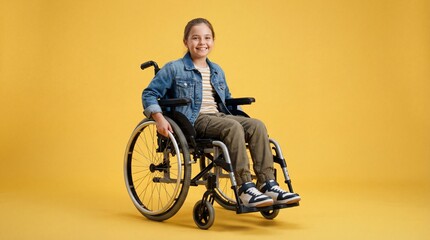cheerful caucasian girl in wheelchair posing on yellow background. disabled child smiling at camera. inclusion, accessibility concept. healthcare, education banner with copy space.