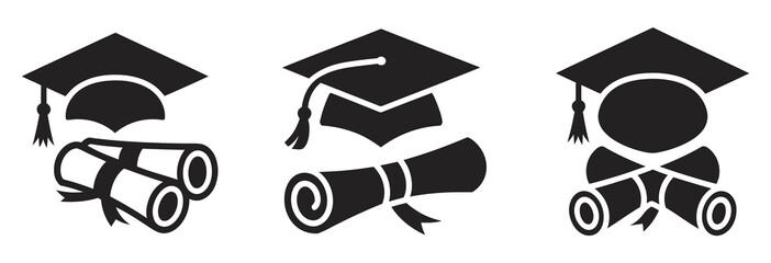 Graduation cap and diploma silhouette vector isolated design showing academic achievement college success education concept icon, student degree ceremony university