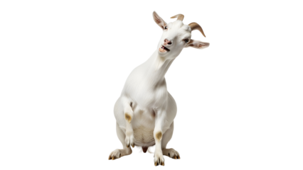 Hilarious white domestic goat standing upright with surprised and curious facial expression. isolated PNG with Transparent Background