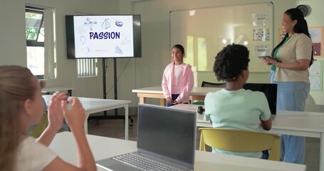 Teacher with classroom viewing teen girl pink jacket speaking PASSION, applause urging walking back