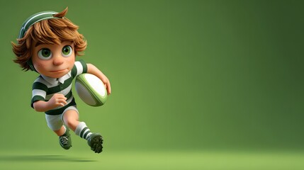 Strong young 3d cartoon rugby player running fast while holding the ball tightly ready to score a try in an intense stadium sports match.