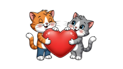 Two cute cartoon kittens holding a big red heart symbolizing love and affection isolated PNG with Transparent Background