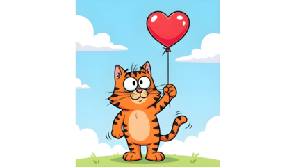 Cute cartoon tabby cat holding a big red heart balloon for Valentine's Day. isolated PNG with Transparent Background