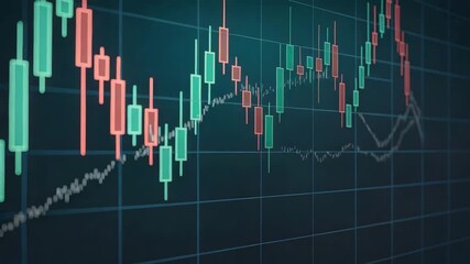 Dynamic digital financial candlestick chart illustrating stock market price movements and data fluctuations on a dark grid for economic analysis - Powered by Adobe