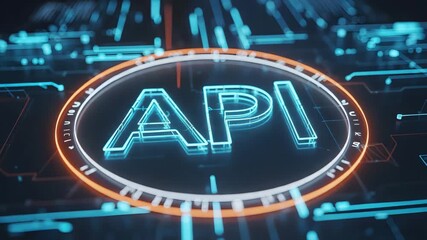 API glowing blue on a dark digital circuit board background symbolizing advanced software connectivity and data exchange in a modern high tech environ