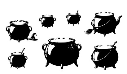 Halloween magic cauldrons and witchcraft symbols vector set