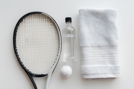 A flat lay of a tennis racket, water bottle, and towel on a white background, highlighting the essentials for any tennis match.