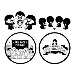 April Fools Fun Facts Classroom Lesson with Teacher and Students Black and White Cartoon Illustration