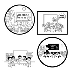 April Fools School Assembly and Playground Fun Scenes Black and White Cartoon Illustration