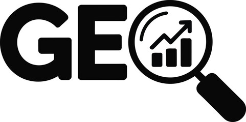 Bold black GEO letters are presented alongside a magnifying glass revealing an ascending data chart