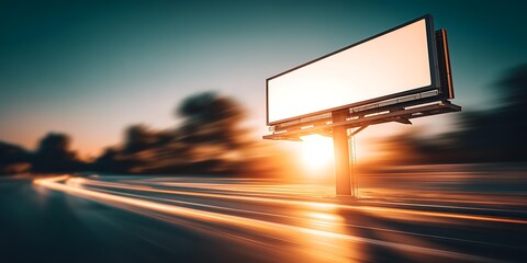 White advertising billboard with blurred city traffic background shallow depth of field professional marketing visual daylight eye-level view, Realistic Photo