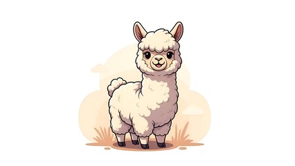 Obraz premium A charming and fluffy white alpaca illustration standing on a small patch of grass with a soft, light background, featuring a cute and friendly expression.