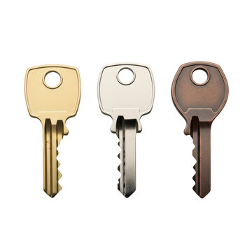 three highly polished brass, nickel, and copper alloy house keys in a precise horizontal flat lay macro shot on a smooth transparent background, reflecting intense studio light, concept of domestic