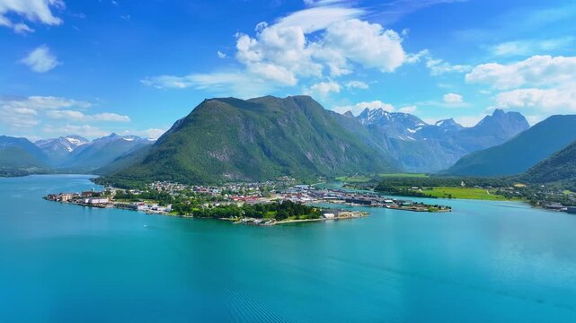 Andalsnes skyline and fjord Isfjorden Romsdalsfjorden Aerial view Norway